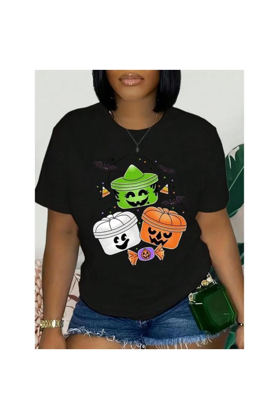 Halloween Pumpkin Bucket Graphic T-Shirt Candy Print Tee S-4XL