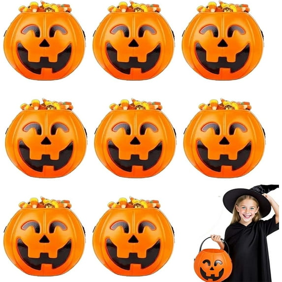 Halloween Pumpkin Bucket Set | Plastic Jack-O'-Lantern Candy Holder with Sturdy Handle | Orange Pumpkin Pail | 8-Pack | Reusable Trick or Treat Containers | Party Decor | Small Lightweight Buckets