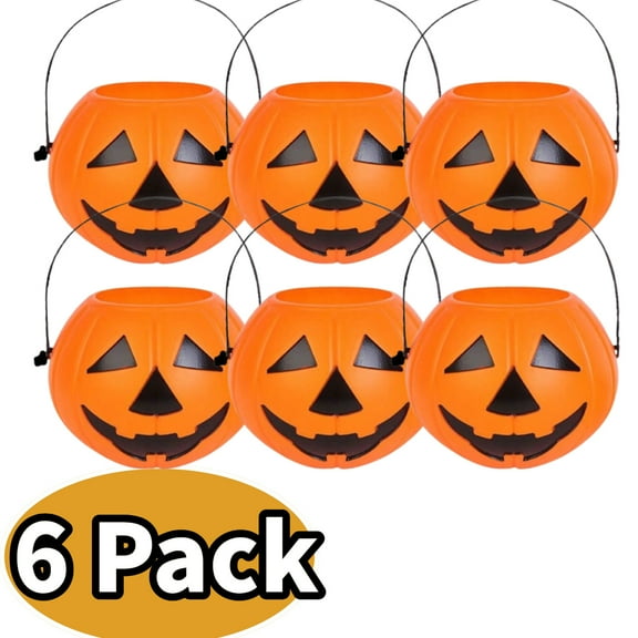 Halloween Pumpkin Bucket Set of 6, Trick or Treat Pumpkin Candy Pail Holder, Plastic Jack O' Lantern Pumpkin Pails for Party Supplies