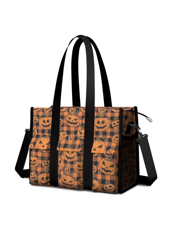 Halloween Pumpkin Buffalo Plaid Utility Tote Bag, Work Tote with Multi Pockets & Removable Strap, Stand Upright Gifts for Women Men Teacher Nurse