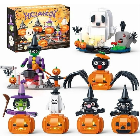 Halloween Pumpkin Building Set, Spooky Holiday Construction Toy, Light-Up Halloween Building Blocks, 7-in-1 Scene Decor Kit, Creative Building Toys for Halloween(882 PCS)