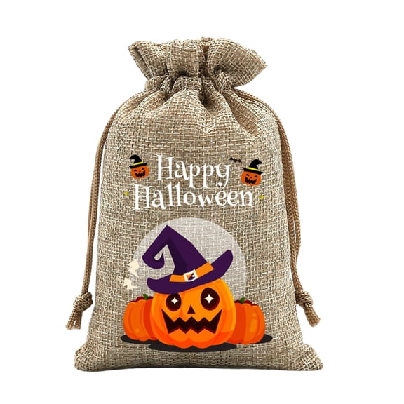 Halloween Pumpkin Burlap Gift Bags with Drawstring,Reusable Polyester Goodie Pouches, Washable Trick Or Treat Candy Sacks for Classroom Carnival Holiday Party Decor