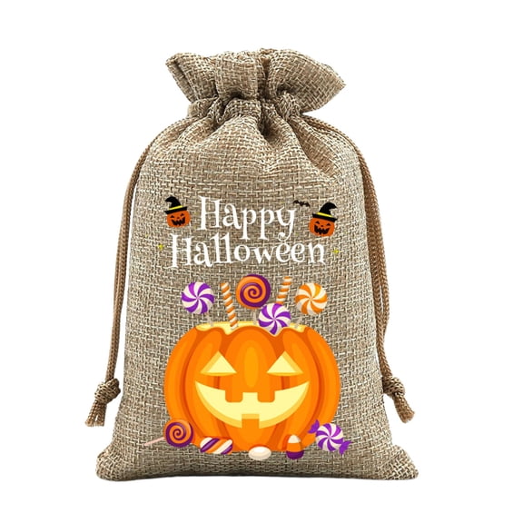 Halloween Pumpkin Burlap Gift Bags with Drawstring,Reusable Polyester Goodie Pouches, Washable Trick Or Treat Candy Sacks for Classroom Carnival Holiday Party Decor