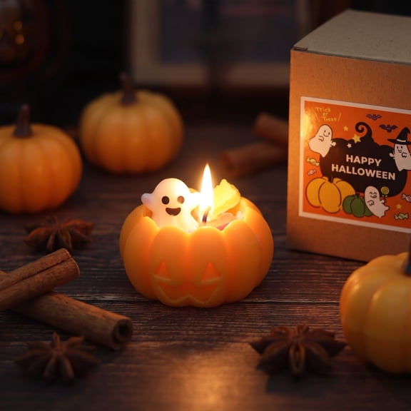 Halloween Pumpkin Candle, Black Cedar Scented Wax Candle with Warm Yellow Glow for Fall and Halloween Party Atmosphere, Halloween Party Decorations and Halloween Gift (Cute Ghost)