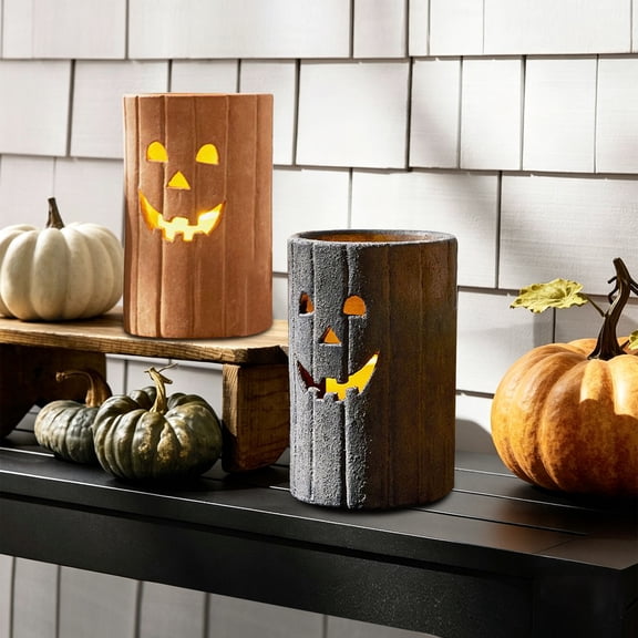 Halloween Pumpkin Candle Holder 7.25 x 5.25 in, Faux Ceramic Resin Jack O Lantern Tealight Decor for Tabletop Mantel and Halloween Party Decorations (Complexion)