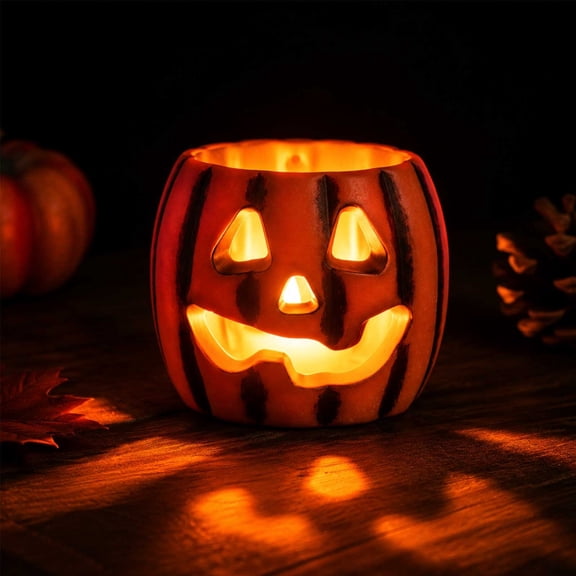 Halloween Pumpkin Candle Holder, Glowing Jack-O-Lantern Lantern with Carved Face Design, Plastic Night Light for Tabletop, Mantel, and Fall Party Display
