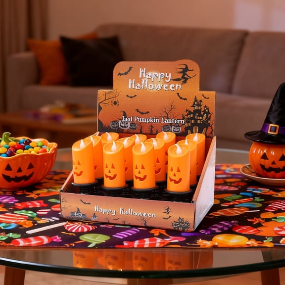 Halloween Pumpkin Candle Night Light, 12Pcs Orange Pumpkin LED Flameless Light, Portable Halloween Decorations, Thanksgiving Candle Holder for Table Centerpiece Mantel Party Decoration