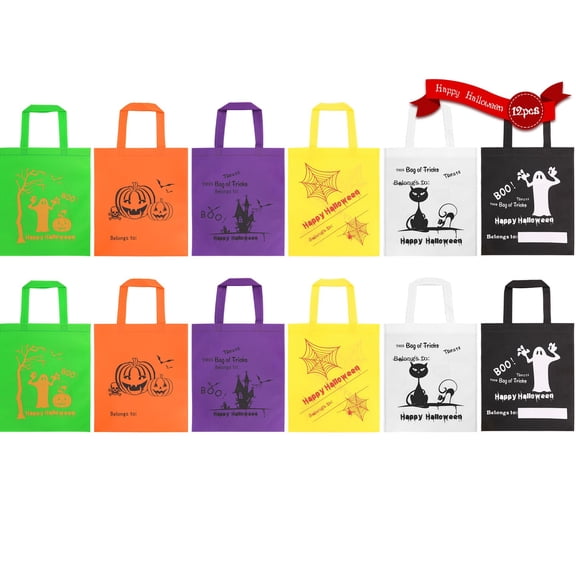Halloween Pumpkin Candy Bag/Basket with Cartoon Character, 12" x 14" Non Woven Fabric, Perfect for Kids, Teens and Adult Use. (12 Pack)