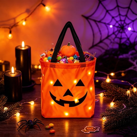 Halloween Pumpkin Candy Bags, Halloween Trick or Treat Bucket for Kids LED Light Up Pumpkin Candy Bags, Halloween Treating Baskets Reusable Gift Tote Bag for Party Halloween Decor (Orange)