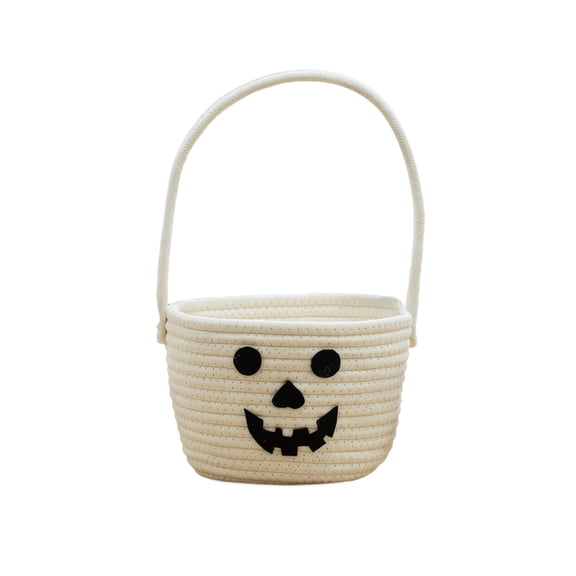 Halloween Pumpkin Candy Baskets, Horror Woven Cotton Rope Trick or Treat Bucket, Cute Ghost Tote with Handle Halloween Decorations, Holiday Toy Organizer Nursery Storage Bin Party Favors Gifts