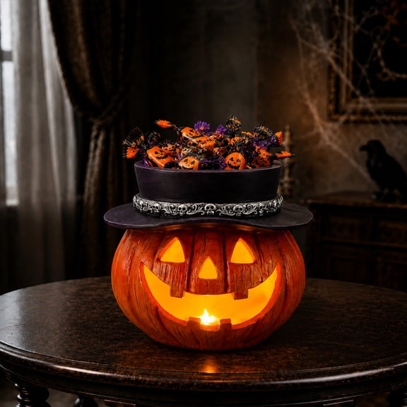 Halloween Pumpkin Candy Bowl with LED Lights Witch Hat Resin Tabletop Decor Jack-O-Lantern Design
