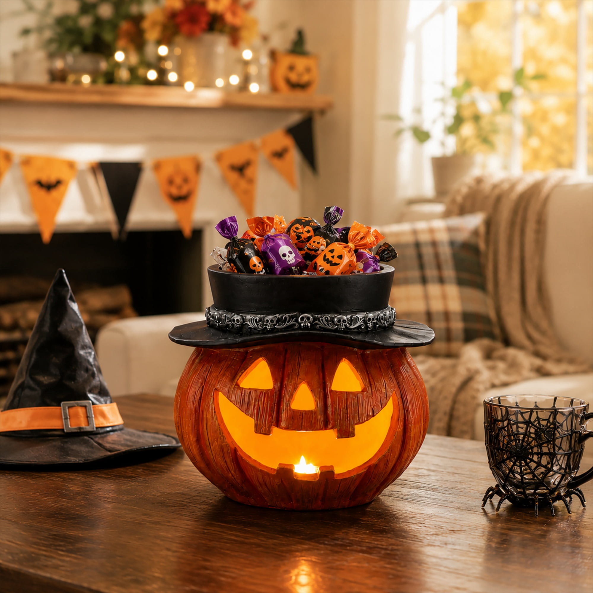Halloween Pumpkin Candy Bowl with Witch Hat and LED Light, Jack O Lantern Storage Bowl and Tabletop Decor for Home Party, Yellow and Black