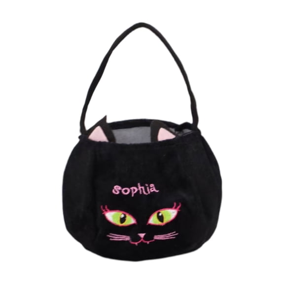 Halloween Pumpkin Candy Bucket, Black Cat Plush Halloween Candy Bag for Kids, Soft Halloween Party Candy Basket with Handle, Cute Embroidered Cat Face, Personalized Name