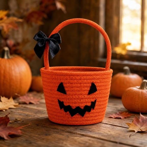 Halloween Pumpkin Candy Bucket, Hand Woven Cotton Rope Woven Candy Basket Gift Storage, Sturdy K*ids Trick or Treat Bag with Handle, Reusable Fall Home Decor Party Favor Tote