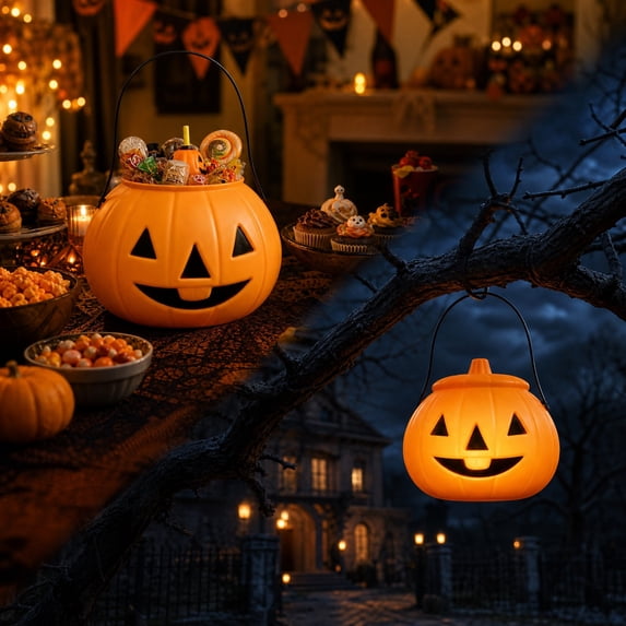 Halloween Pumpkin Candy Bucket with Handle & Lid Hollow Jack O Lantern Smiling Face Candy Pail Light UP Pumpkin Ornament for Trick-or-Treat Tabletop Indoor Party Decoration