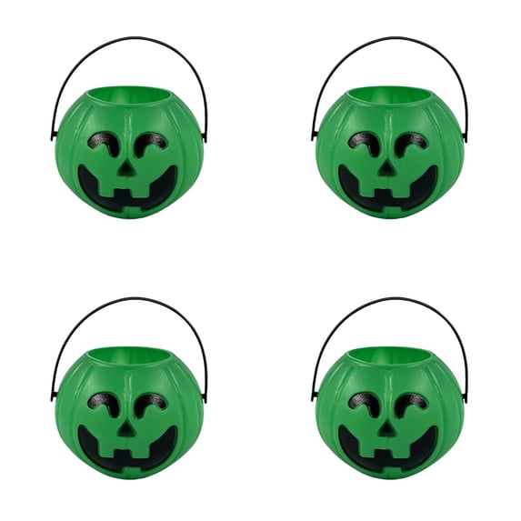 Halloween Pumpkin Candy Bucket Holders for Kids Trick or Treat, 4 Pack Mini Witches Cauldron Kettle with Handles, Orange Green Pink Party Decor Supply