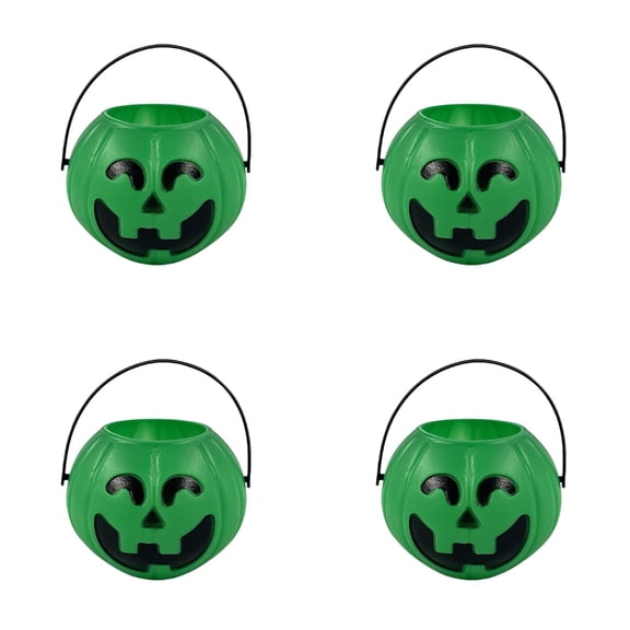 Halloween Pumpkin Candy Bucket Holders for Kids Trick or Treat, 4 Pack Mini Witches Cauldron Kettle with Handles, Orange Green Pink Party Decor Supply