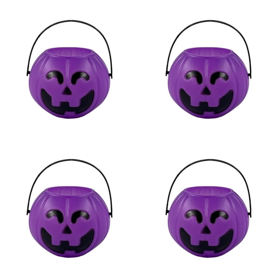Halloween Pumpkin Candy Bucket Holders for Kids Trick or Treat, 4 Pack Mini Witches Cauldron Kettle with Handles, Orange Green Pink Party Decor Supply