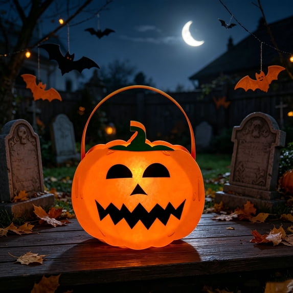 Halloween Pumpkin Candy Bucket with Lid & Handle Winking Curved Eye Jack O Lantern Orange Pumpkin Pail Light Ready Decor for Trick-or-Treat Window Fall Harvest Indoor Party Decoration