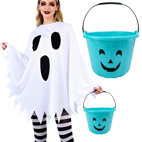 Halloween Pumpkin Candy Bucket Plastic Pail with Handle for Kids Trick-or-Treat Candy Storage - CB
