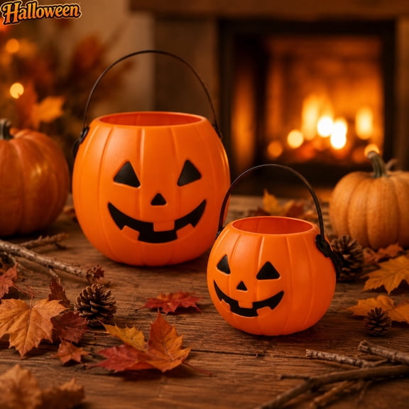 Halloween Pumpkin Candy Bucket with Portable Handle, Thick Plastic Trick or Treat Basket, Candy Holder Pail, Halloween Cosplay Party Favor Container Indoor Outdoor Porch Yard Fall Holiday Decor Prop