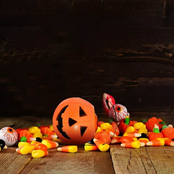 Halloween Pumpkin Candy Bucket Portable Treat Pail With Handle Party Favor Container - Food Safe PVC Lightweight Durable(B)