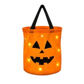 Halloween Pumpkin Candy Bucket with LED Lights, Fabric Trick-or-Treat Basket for Kids, Glow in the Dark Nighttime