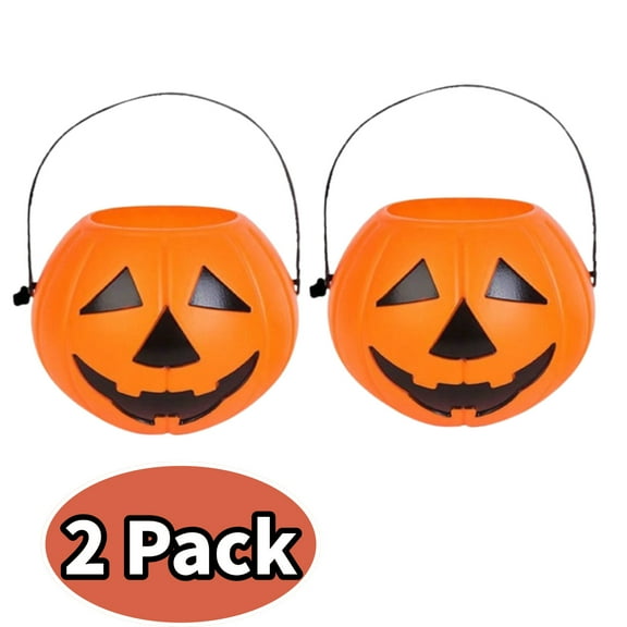 Halloween Pumpkin Candy Buckets Set of 2, Portable Plastic Pumpkin Candy Pail Holder, Trick-Or Candies Collection Party Favors, Halloween Goodie Bag Fillers for Kids
