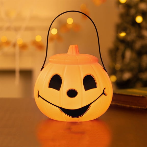 Halloween Pumpkin Candy Jar with Light, LED Glowing Pumpkin Container for Treats, Battery Operated Halloween Decoration, Orange
