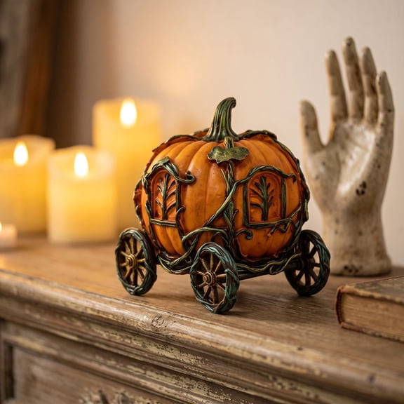 Halloween Pumpkin Carriage Resin Tabletop Decor Pumpkin Coachs Figurine For Mantel Shelf Desktop Spooky Indoor Seasonal Home Decoration