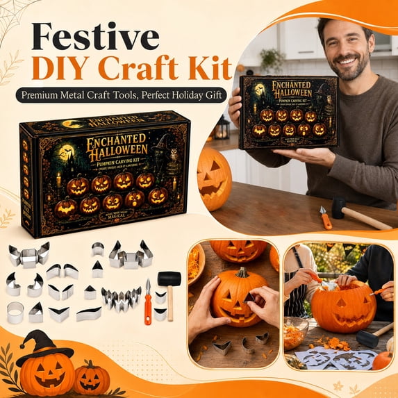 Halloween Pumpkin Carving Kit, 27Pc Premium Metal Craft Tools with 24 PCS Stainless Steel Pumpkin Carving Stencils & 3 Carving Tools, Easy Use Festive DIY Craft Kit for Halloween Decoration