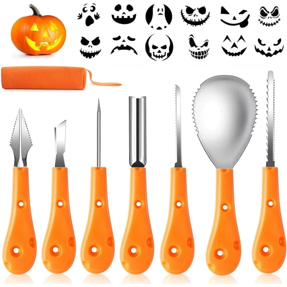 Halloween Pumpkin Carving Kit,Professional and Heavy Duty Stainless Steel Tools,Pumpkin Set with12 Stencils Carrying Case(7pcs)