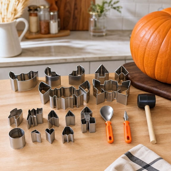 Halloween Pumpkin Carving Tool Kit, Stainless Steel Cutters and DIY Shaping Accessories for Jack-O-Lantern Designs, Cookies and Fall Craft Projects