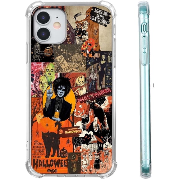 Halloween Pumpkin Case for iPhone 11, Horror Elements Skull Witch Collage, Cool Trendy Soft TPU Bumper Phone Cover, 11