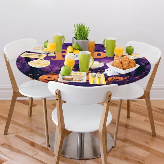 Halloween Pumpkin Castle Boo Round Fitted Tablecloth with Elastic Edge, Halloween Waterproof Wipeable Table Cover Washable Indoor Outdoor Circle Cover for Tables Dining Kitchen Picnic Patio 45"-50"