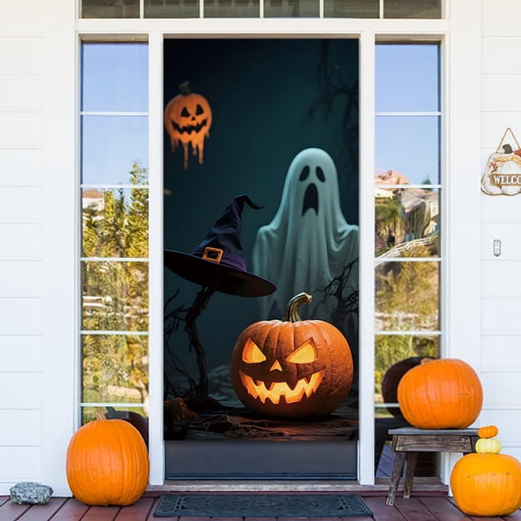 Halloween Pumpkin Castle Purple Door Covers Decorative,Halloween Door Banner Decorations for Indoor Outdoor, Pumpkin Scarecrow Door Cover Halloween Decorations Outdoor Spring/Summer/Fall/Winter
