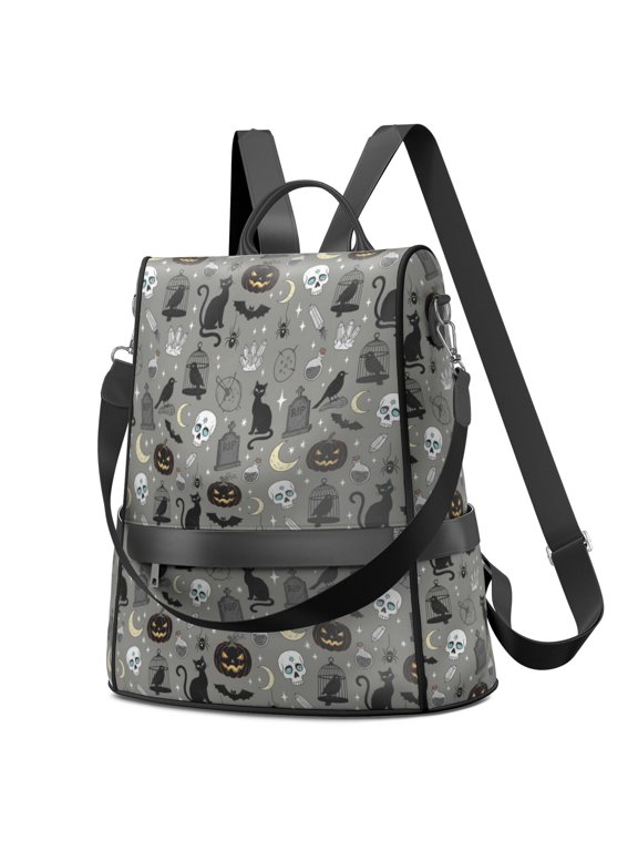 Halloween Pumpkin Cat Gray Pattern Fashion Backpack, Work Travel Rucksack with Side Bottle Pockets & Convertible Strap, Large Capacity Gifts for Women Casual Use