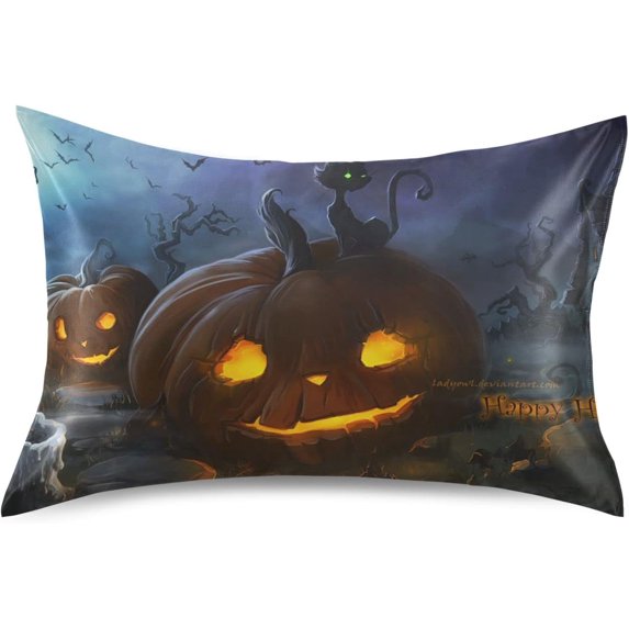 Halloween Pumpkin Cat Satin Pillowcase for Hair and Skin Silk Pillowcase, Standard Size(20x26 inches) - Slip Cooling Satin Pillow Covers with Envelope Closure(482) Home Decor Gifts