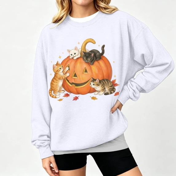 Halloween Pumpkin Cat Sweatshirt Women Crewneck Long Sleeve Fall Casual Graphic Pullover Tops (White M)