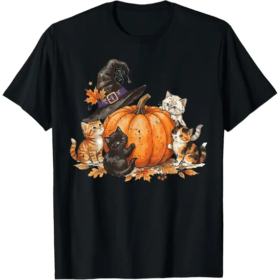 Halloween Pumpkin Cats Fall Kittens Costume Women Girls Kids T-Shirt