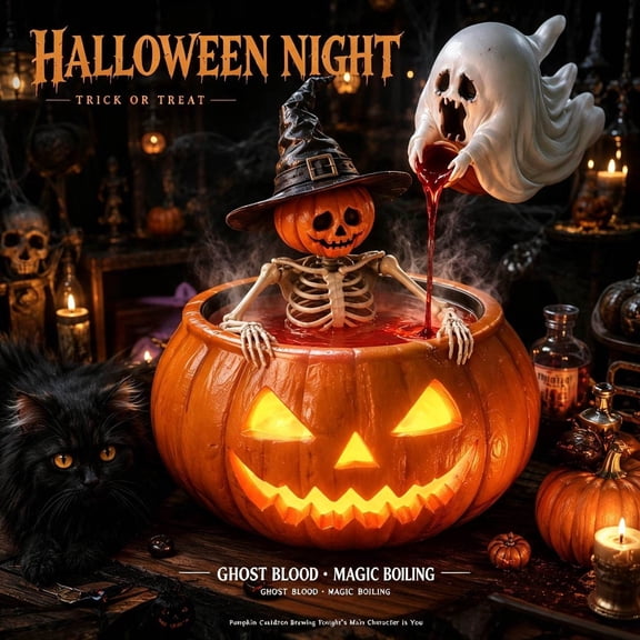 Halloween Pumpkin Cauldron, LED Witch Statue, Resin Halloween Decor Glowing Skeleton Ghost Pot Ornament For Home Party Display