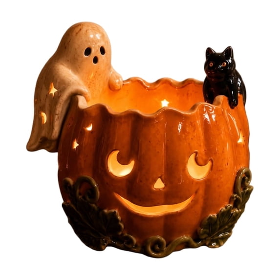 Halloween Pumpkin Ceramic Candle Holder with Ghost & Black Cat Decor, Spooky Glow Jack O Lantern Tea Light Candle Holder, Fall Halloween Table Centerpiece Decor for Home Bedroom Farmhouse