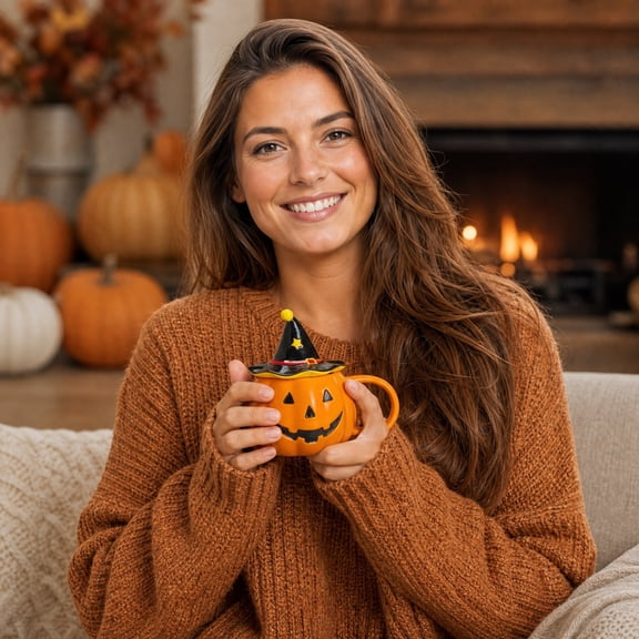Halloween Pumpkin Ceramic Coffee Mug With Witch Hat Lid Orange Fall Drinkware For Party Decor 1 Count