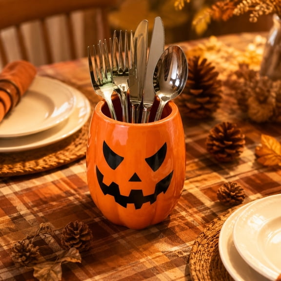 Halloween Pumpkin Ceramic Dishware Holder, Kitchen Storage Bucket Decor, Creative Ornament for Utensils, 7.87x5.91x5.91 Inch Holiday Centerpiece