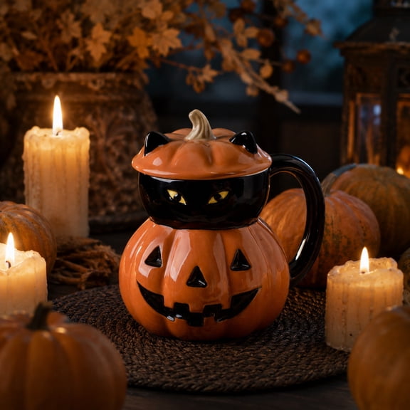 Halloween Pumpkin Ceramic Mug With Lid, 3D Black Cat Jack O Lantern Pumpkin Shaped Coffee Cup For Fall Holiday Gift