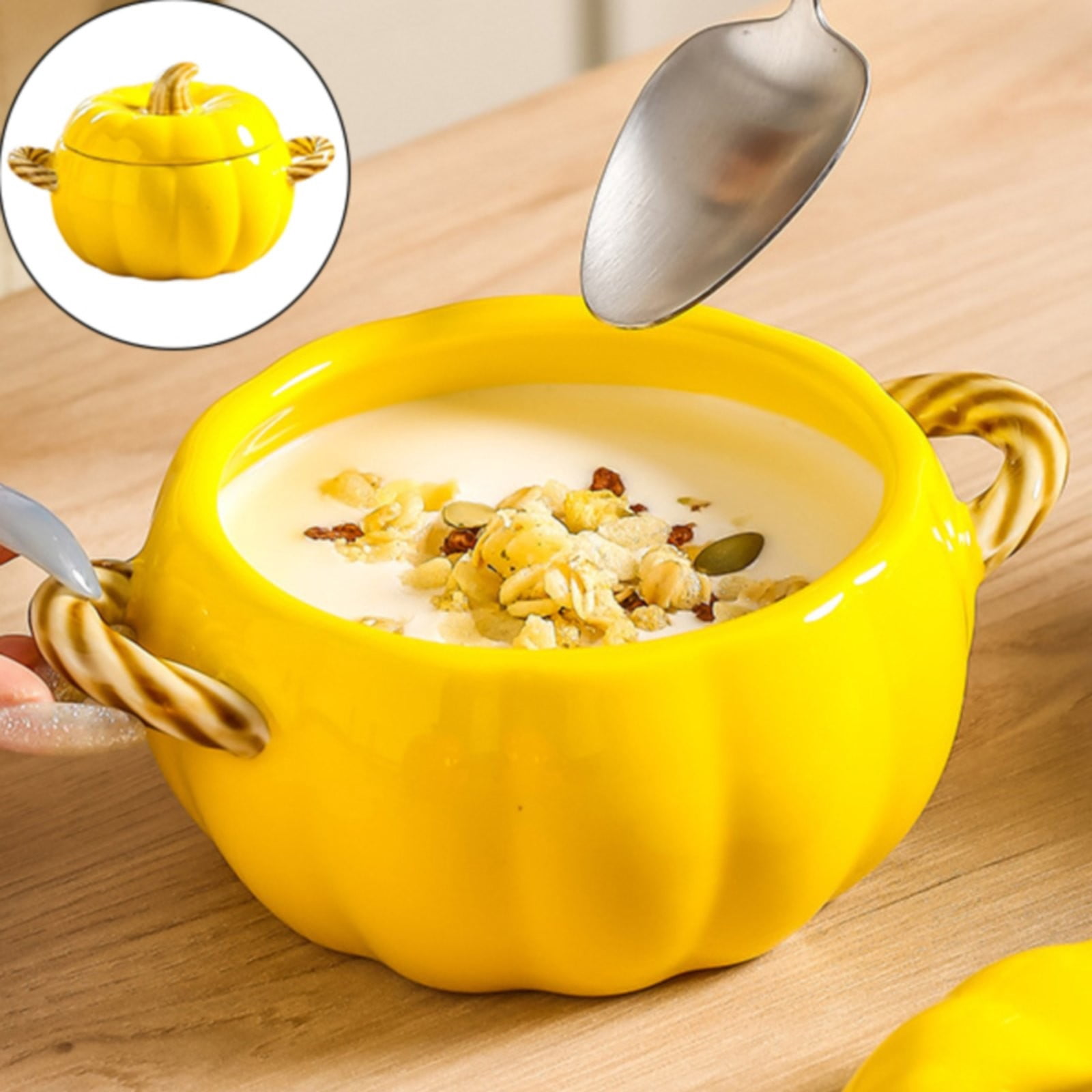 Uiifan 54 Oz Ceramic Pumpkin Soup Pot With Lid - Oven Safe Pumpkin Bowl For Baking, Halloween & Thanksgiving Dinner, Orange