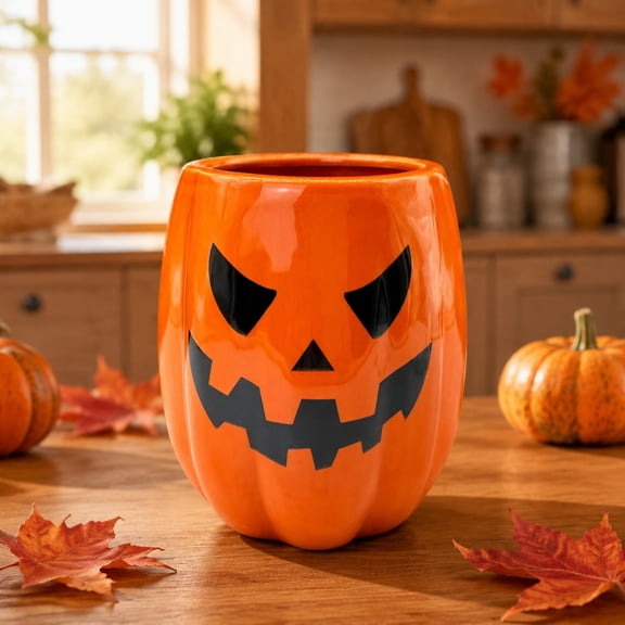 Halloween Pumpkin Ceramic Utensil Holder, Creative Kitchen Storage Bucket Caddy, Decorative Dishware Organizer for Countertop Dining Table Home Decoration, Orange