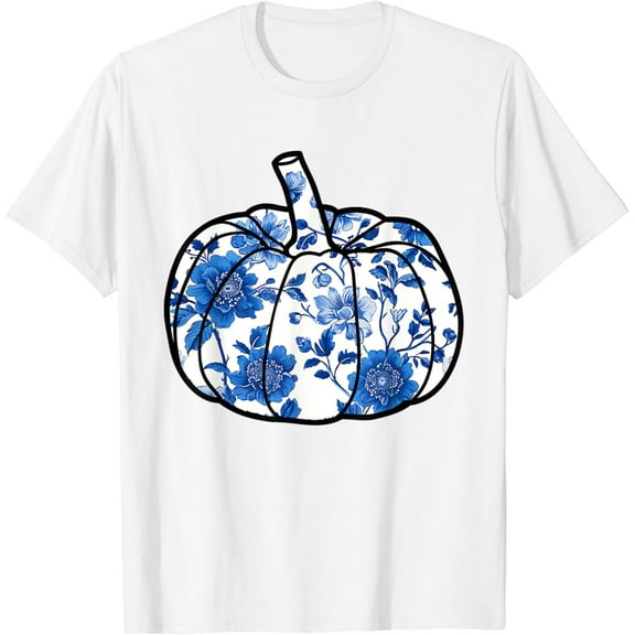 Halloween Pumpkin Chinoiserie Blue & White Florals Pumpkin T-Shirt