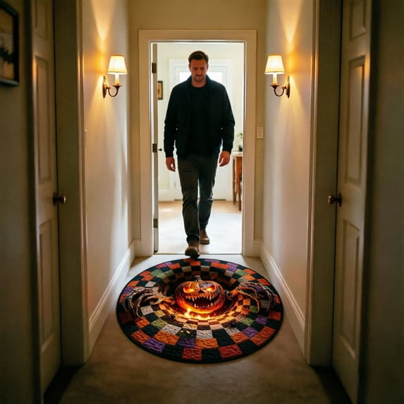 Halloween Pumpkin Circular Rug Spiral Visual Illusion Decorative Floor Mat Soft Velvet Round Doormat for Front Door Porch Indoor Home Halloween Decor