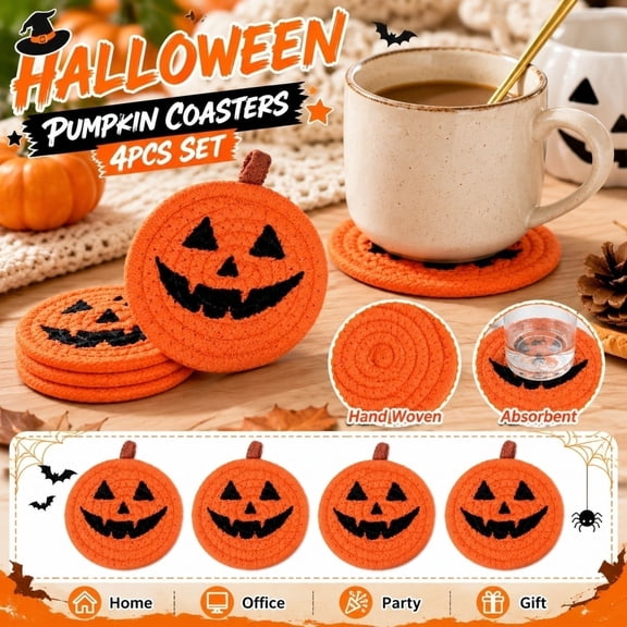 Halloween Pumpkin Coasters Set of 4, 4.7in Cute Face Handwoven Absorbent Cotton Trivets, Heat Resistant Coffee Mug Pads for Halloween Party Table Kitchen Decor